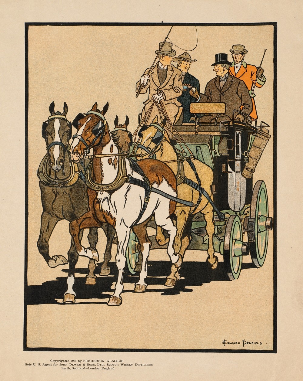 Four men riding on top of a carriage being drawn by four horses