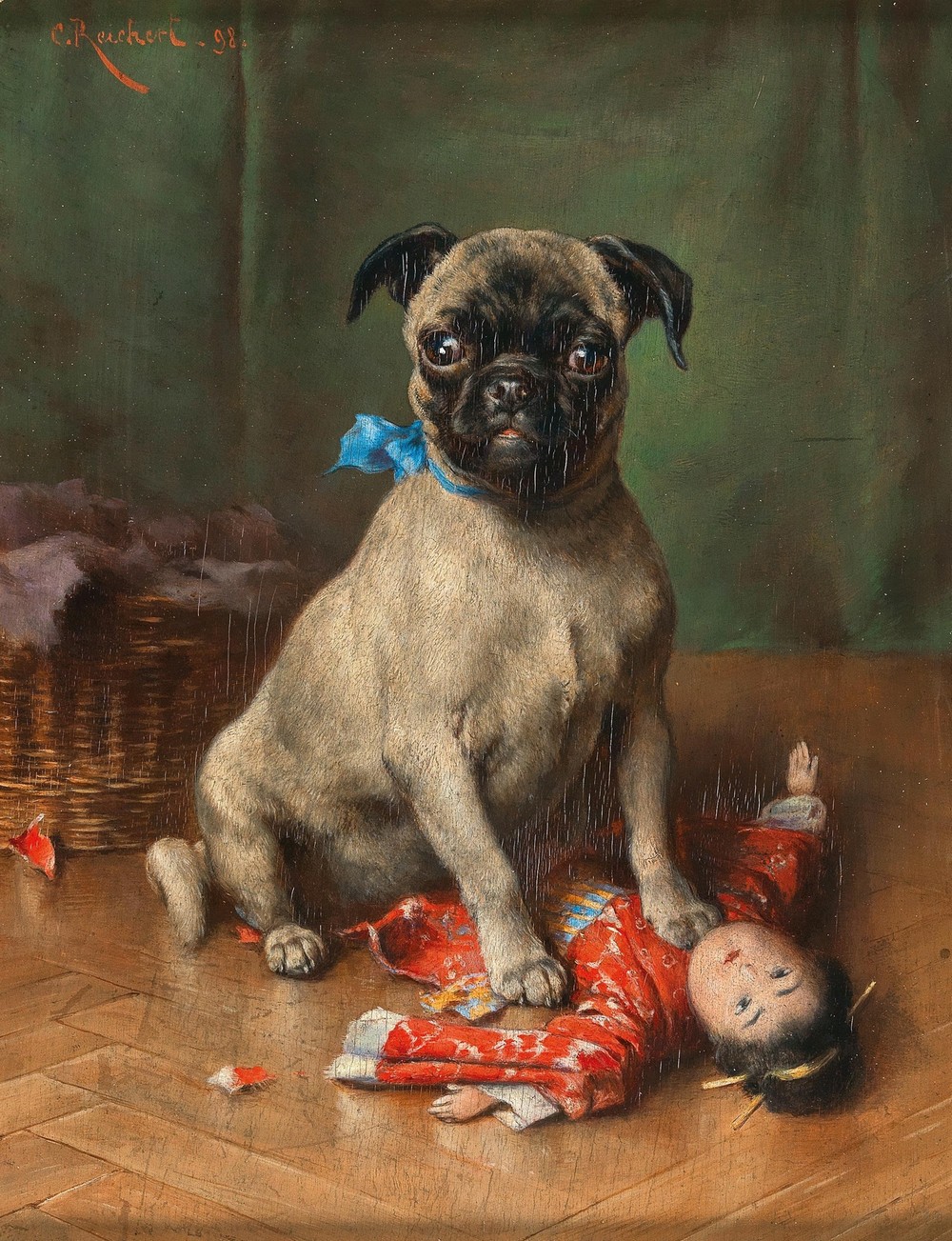 A Pug with a Japanese Doll