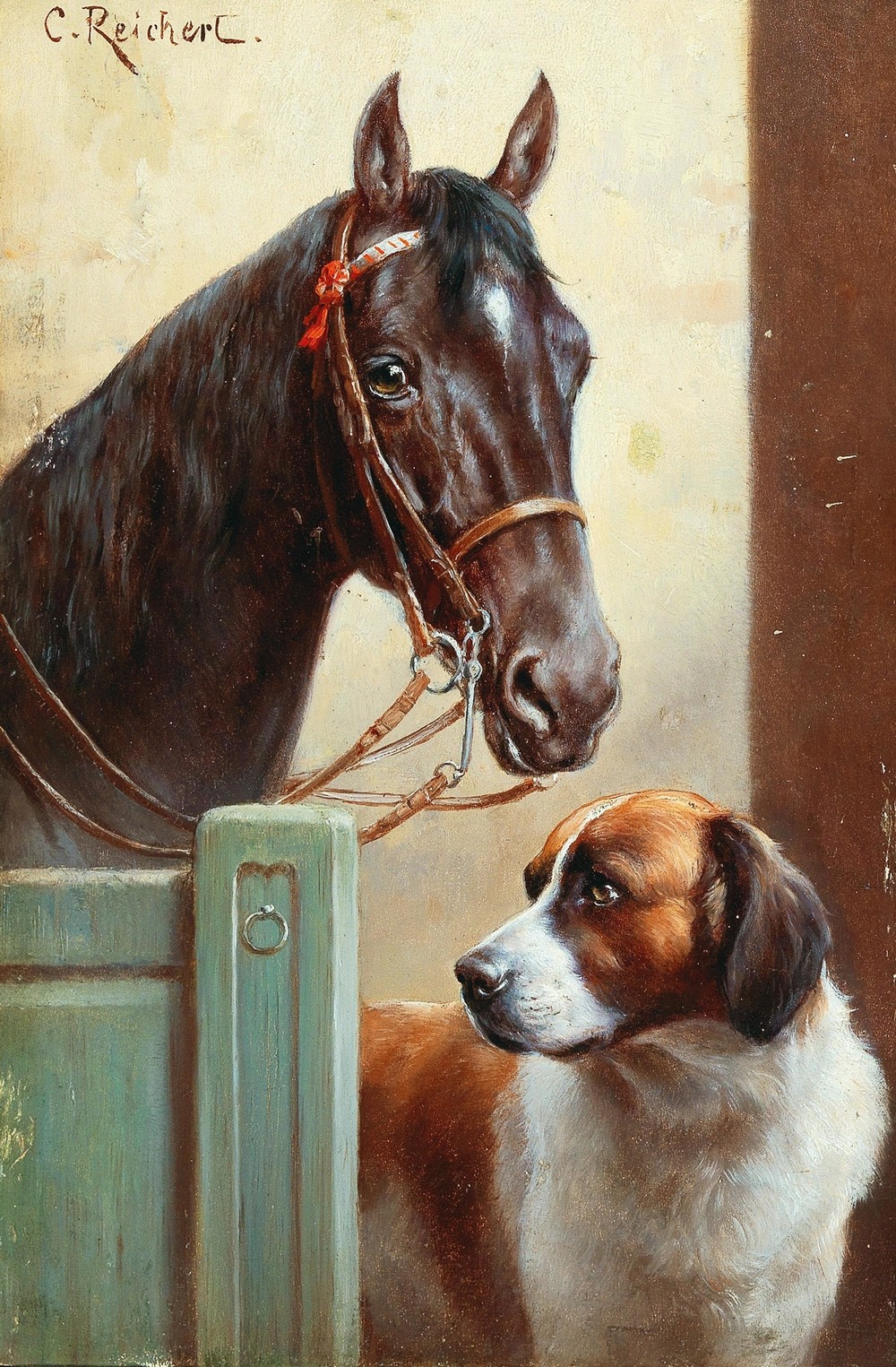 Friends, a bay and a St Bernard in a stable