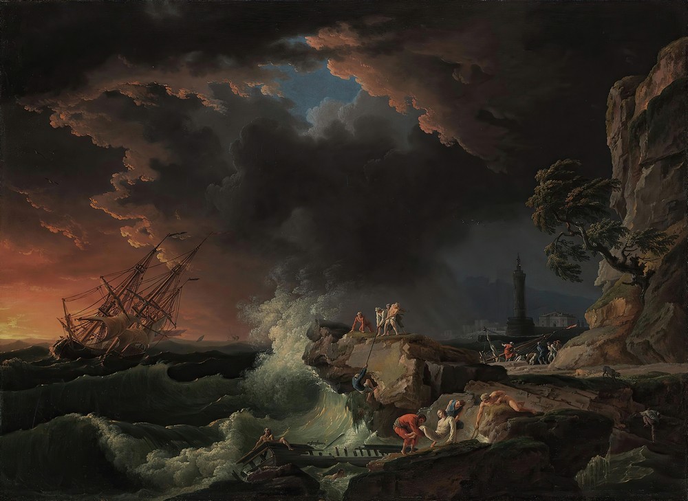 A shipwreck with figures coming ashore