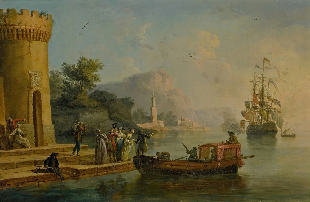 View of a Mediterranean port with a group of figures on the shore’s edge, a large ship beyond