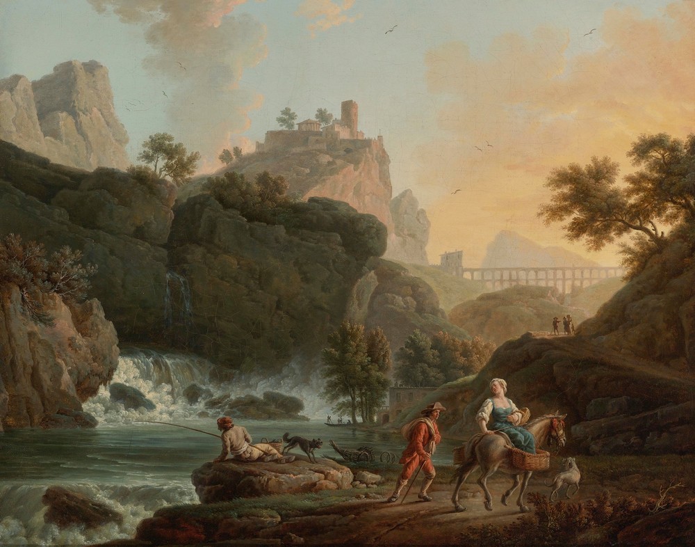 A Rocky Landscape With A fisherman And Travellers By A River With A Waterfall, An Aqueduct In The Distance