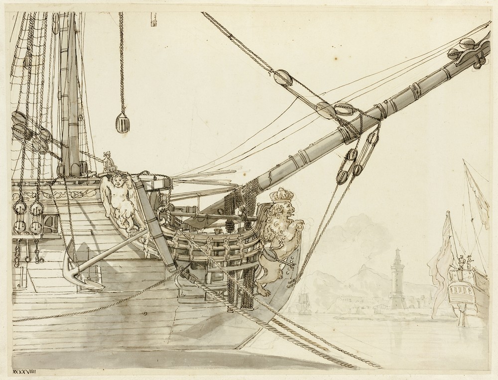 Study of a Warship’s Prow with British Warships and Naples Harbor Beyond (c. 1748)