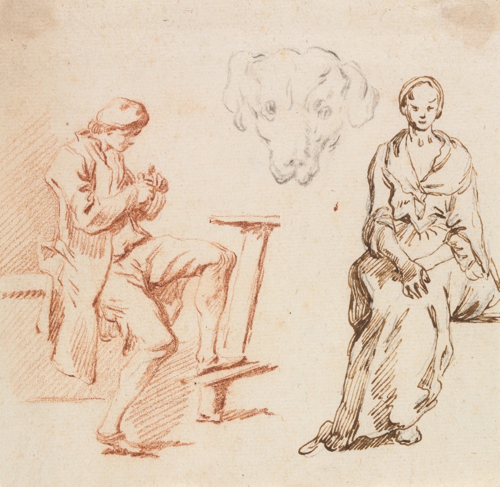 Sheet of Studies: Seated Man, Head  of a Dog, Seated Woman (1700s)