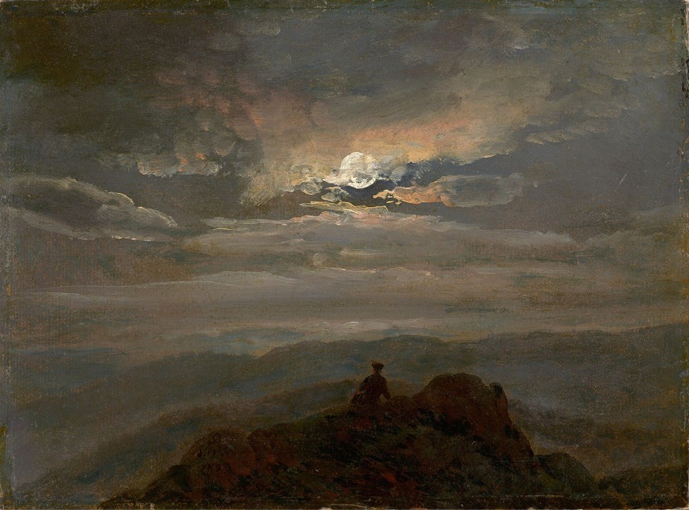 Wanderer on a Mountain Top (Landscape in Moonlight)