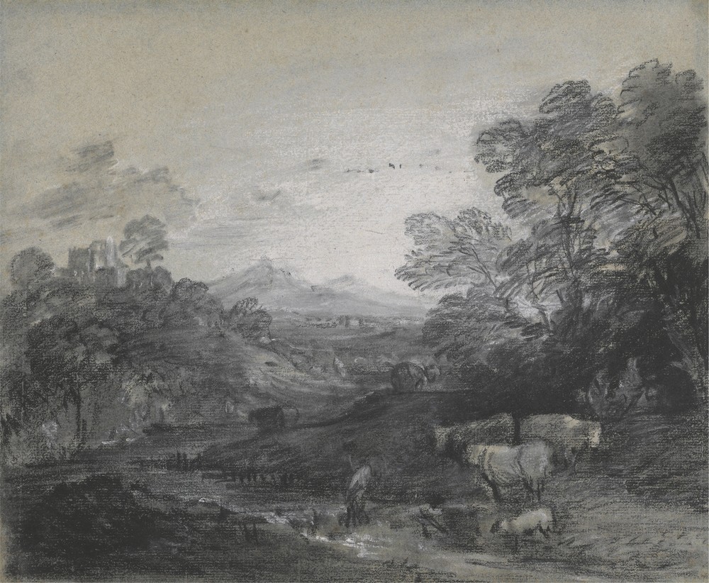Wooded Landscape with Herdsmen and Cattle, Buildings on a Hill, and Rustic Lovers (ca. 1770)