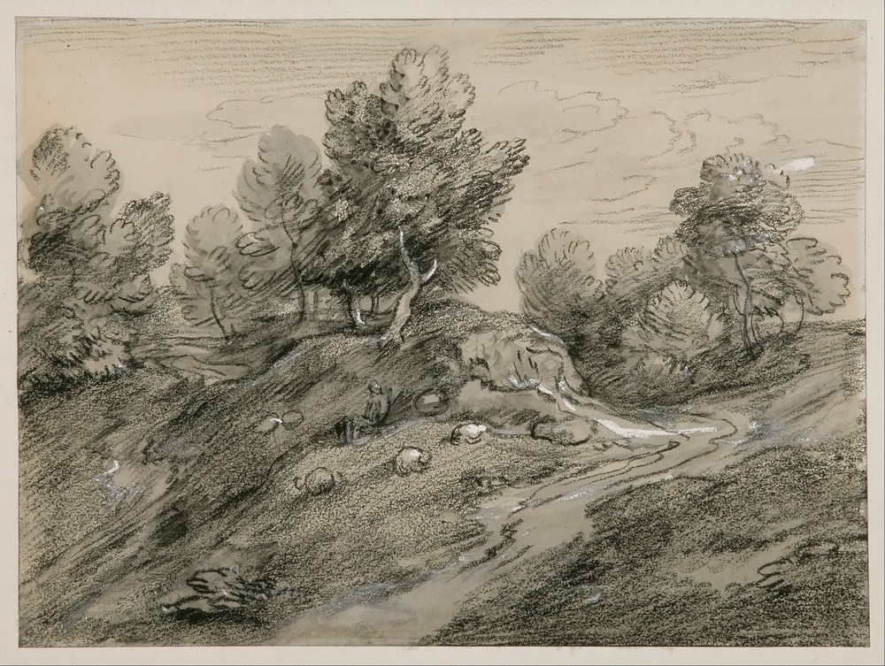 Wooded upland landscape with shepherd and sheep and country track winding around a knoll (mid 1780s)
