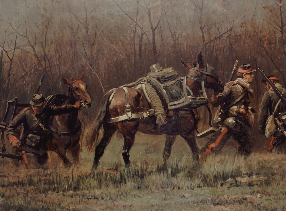 Scène militaire; mobiles conduisant des mulets d’ambulances (fragment du panorama de Champigny)