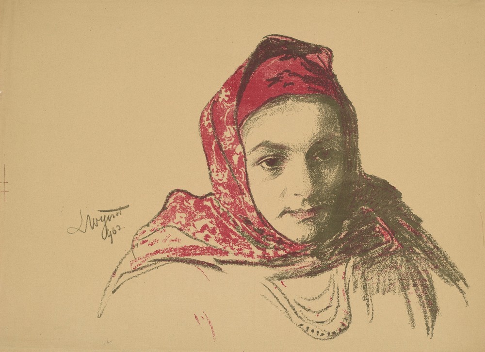 Head of a girl from Cracow in a red scarf
