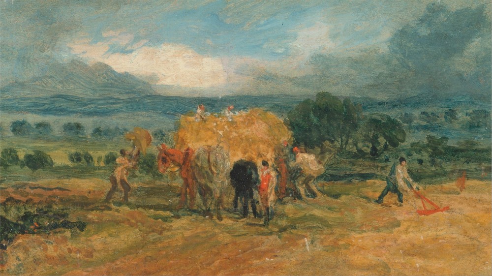 A Harvest Scene with Workers Loading Hay on to a Farm Wagon (ca. 1800)