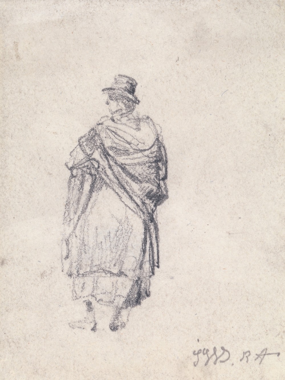 Back View of Country Woman in Hat and Shawl