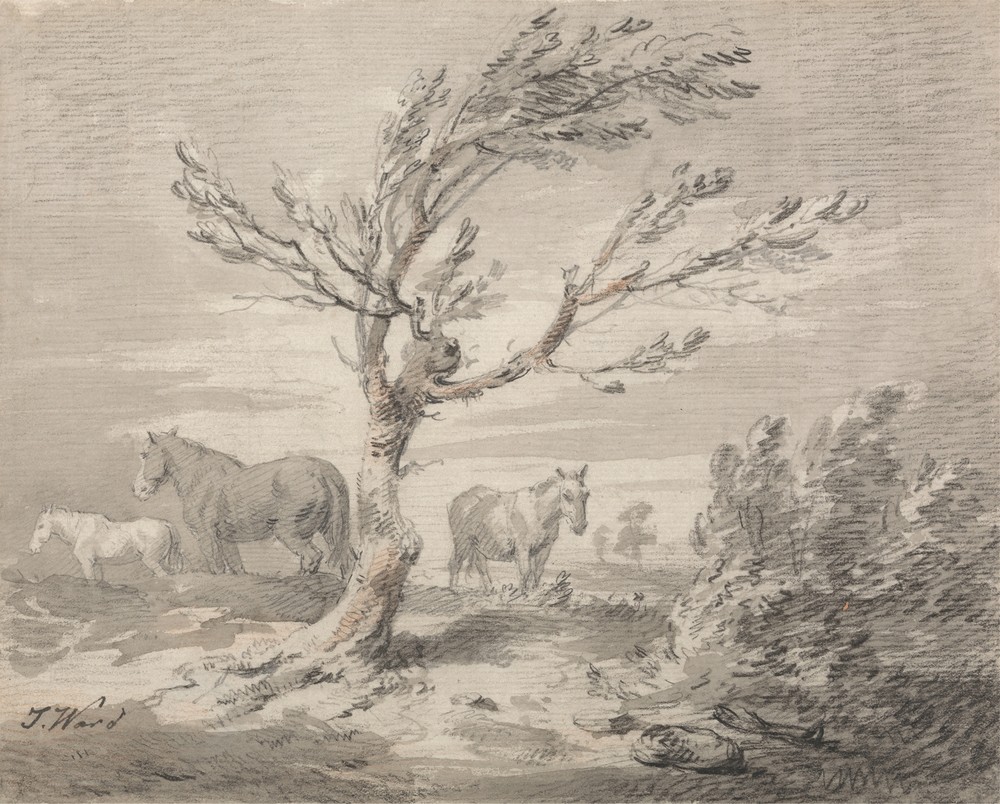 Landscape with Three Horses and a Tree in the Foreground