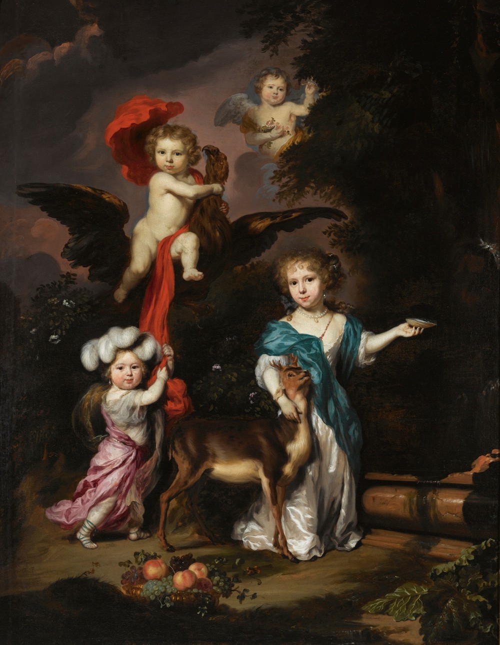 Pastoral Family Portrait of Four Children, Personifying Mythological Figures, Including Ganymede, And Diana With a Deer