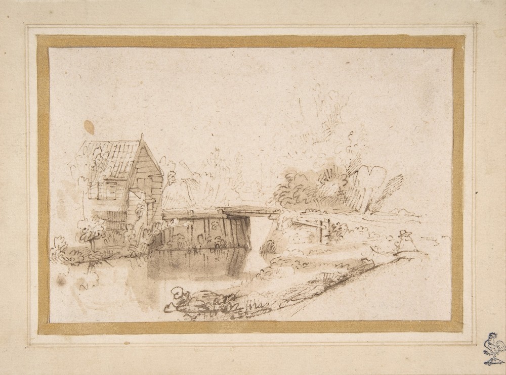 Landscape with a Draughtsman Seated by a River, a Bridge and a Cottage Behind (17th century)