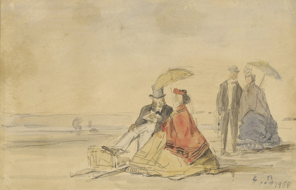 A Couple Seated and a Couple Walking on the Beach