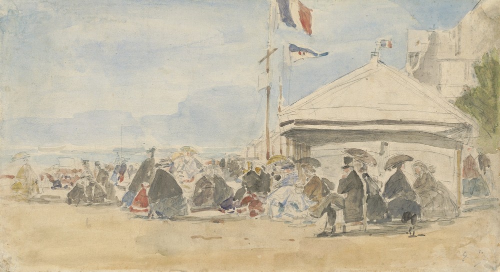 Beach House with Flags at Trouville (c. 1865)