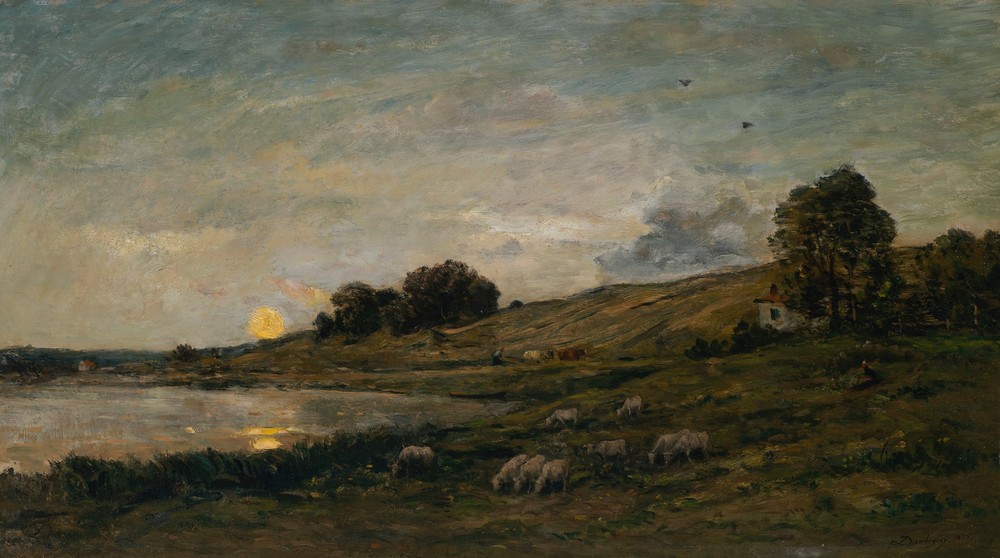 Troupeau de moutons au bord de la rivière