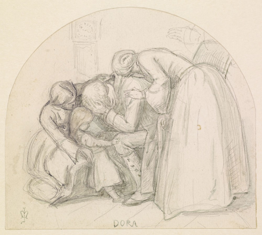 Tennyson’s Dora – Study of Mary, Child and Dora comforting their Father (1855-56)