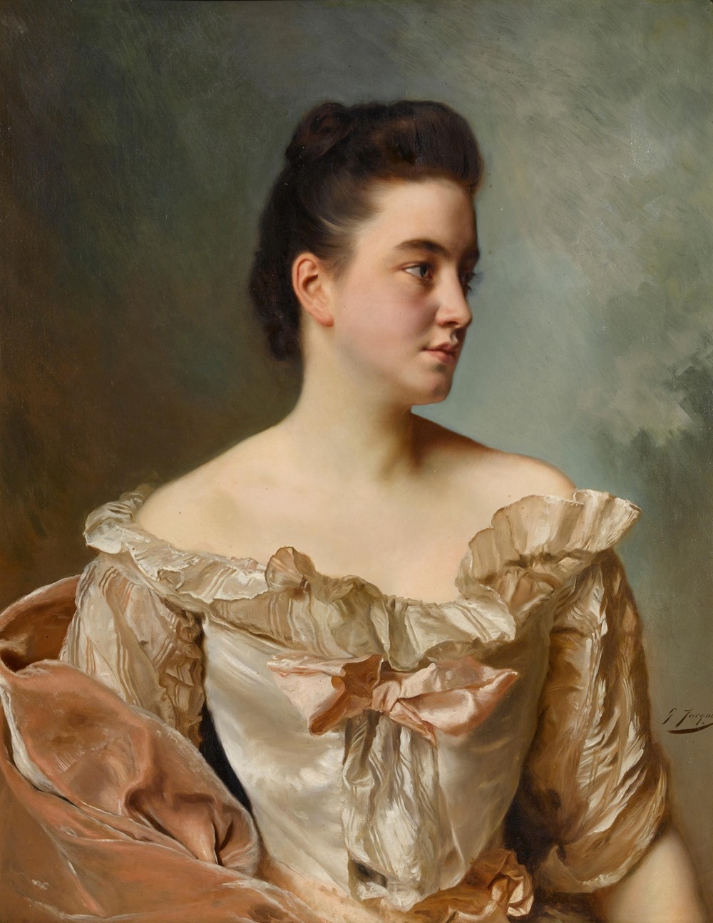 A portrait of a lady in pink