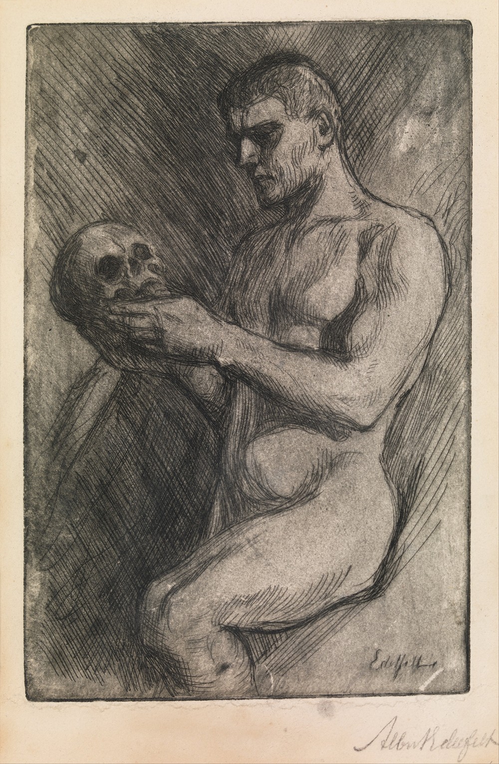 Naked man and skull