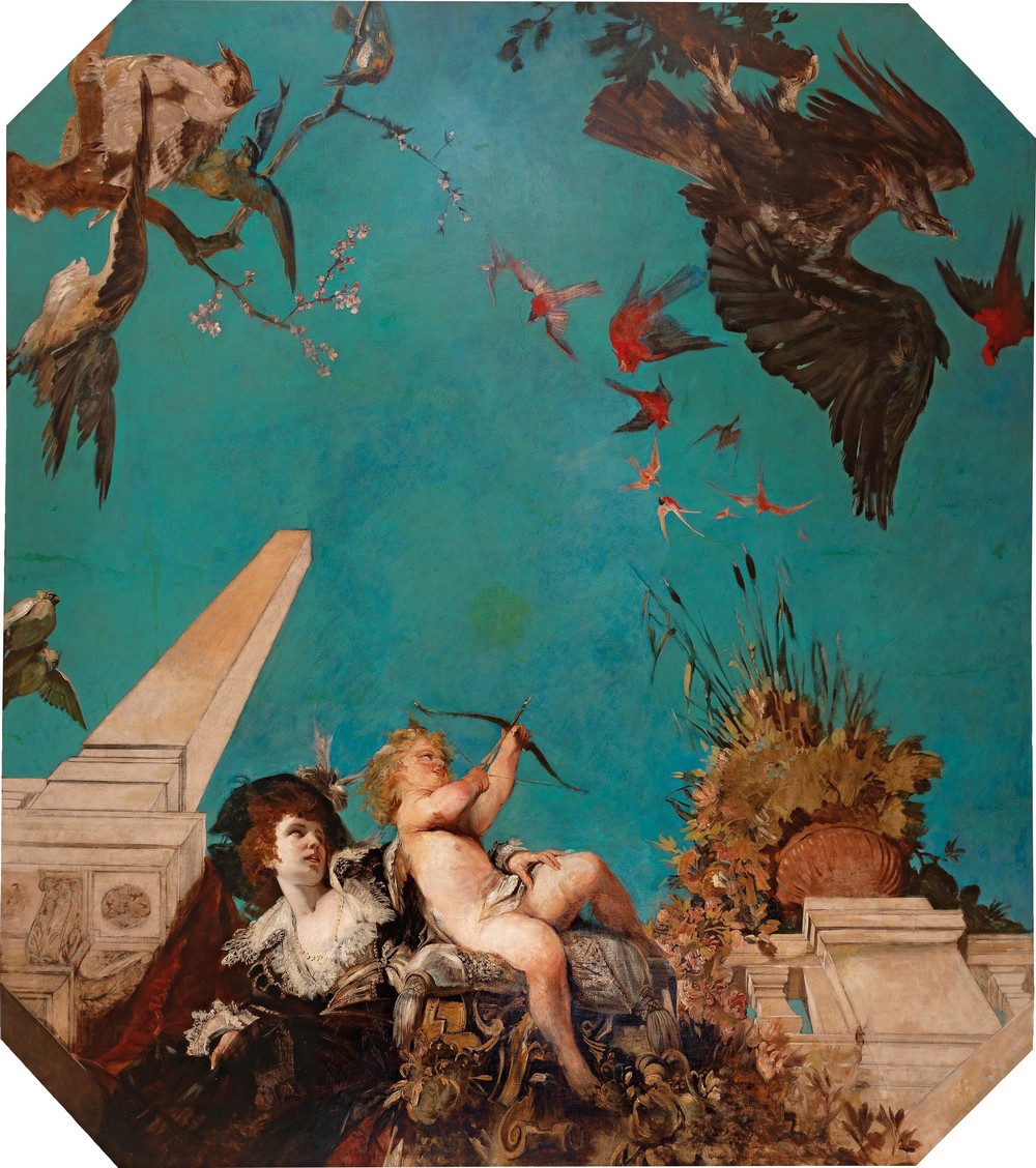 A Ceiling Painting, Society Lady With Cupid In A Garden Landscape (C. 1877)