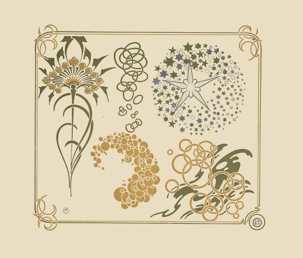 Abstract design based on stars, circles, leaves.