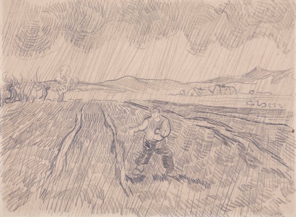 Enclosed field with a sower in the rain