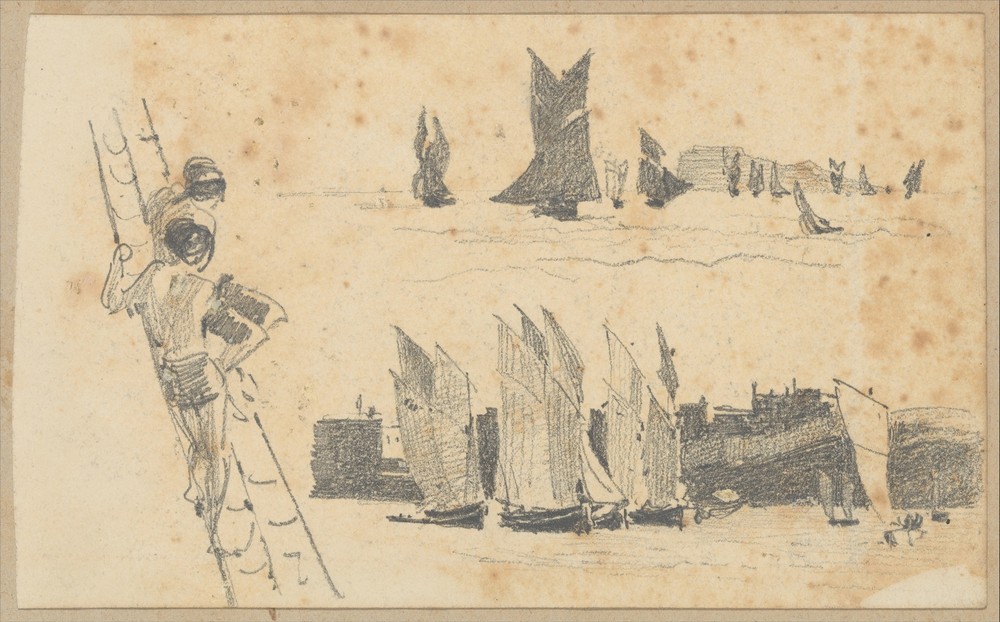 Two Men in Ship’s Rigging, Two Scenes with Sailboats (circa 1875)