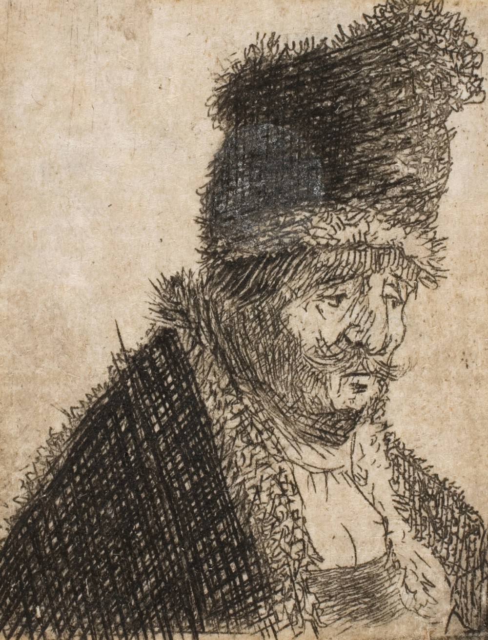 Old man in fur coat and high cap, bust