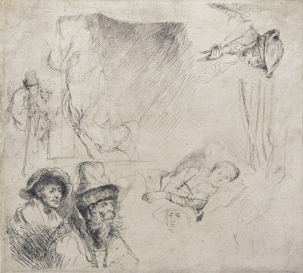 Sheet of Studies (with a woman lying ill in bed) (c.1639-1642)