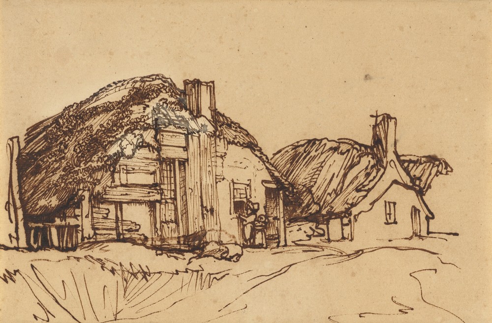 Two Thatched Cottages with Figures at a Window