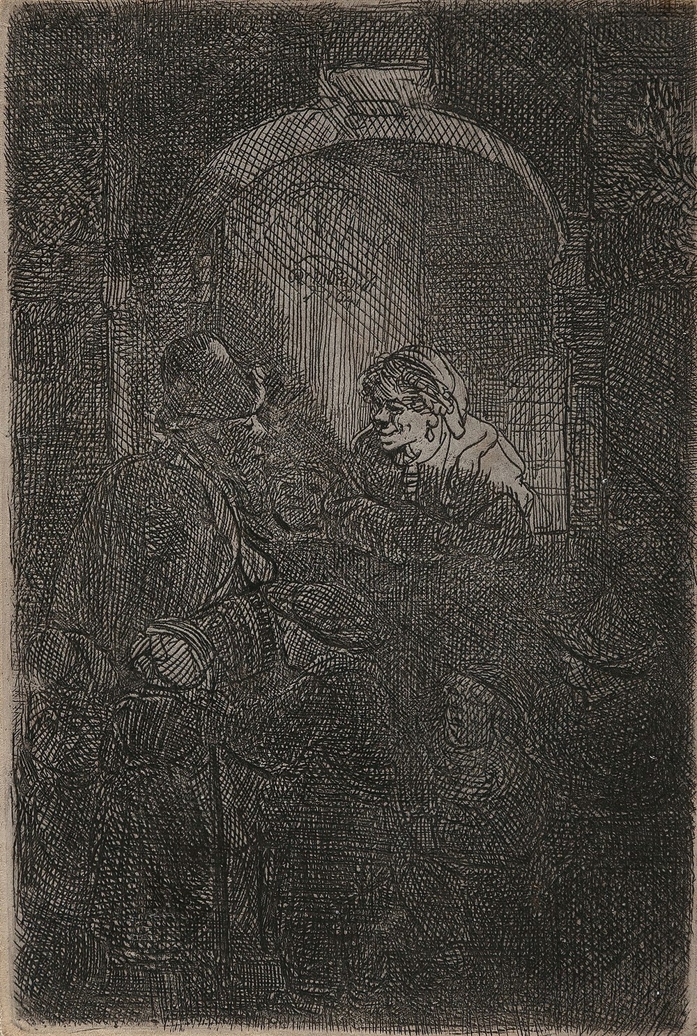 Woman at a hatch door talking to a man and children (the schoolmaster)