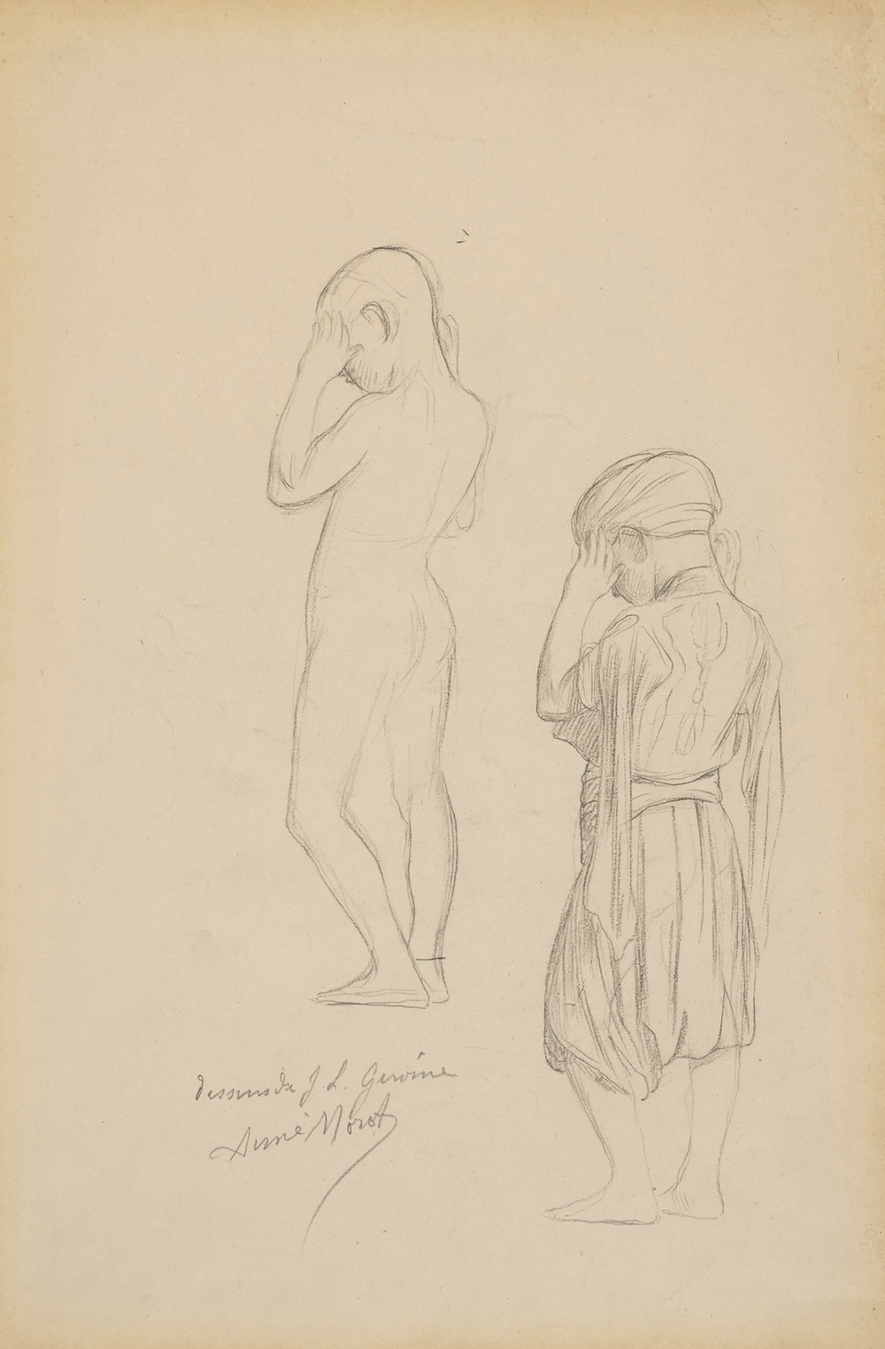 Two studies of a standing boy holding his hands up in prayer