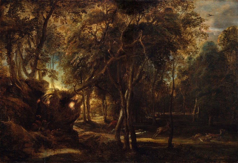A Forest at Dawn with a Deer Hunt (ca. 1635)