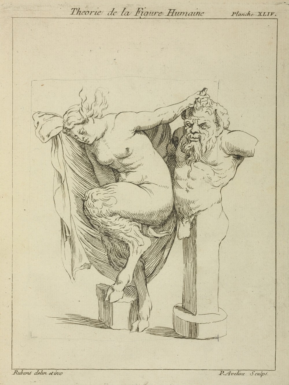 Head and torso of male stayr, and a female satyr