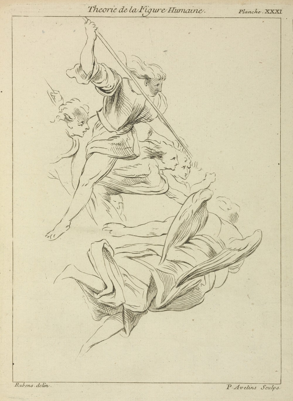 Several winged figures in flight, and a figure with a spear