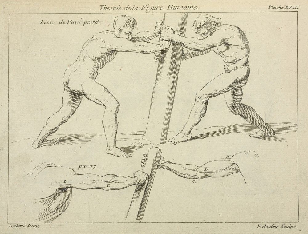 Studies of two figures pushing against a pillar