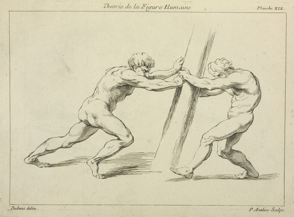 Two figures straining against a post