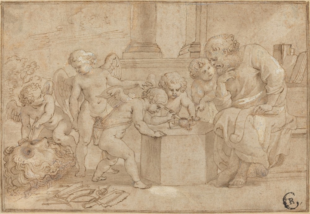 Elderly Man Watching Putti Dissect an Eye (c. 1613)