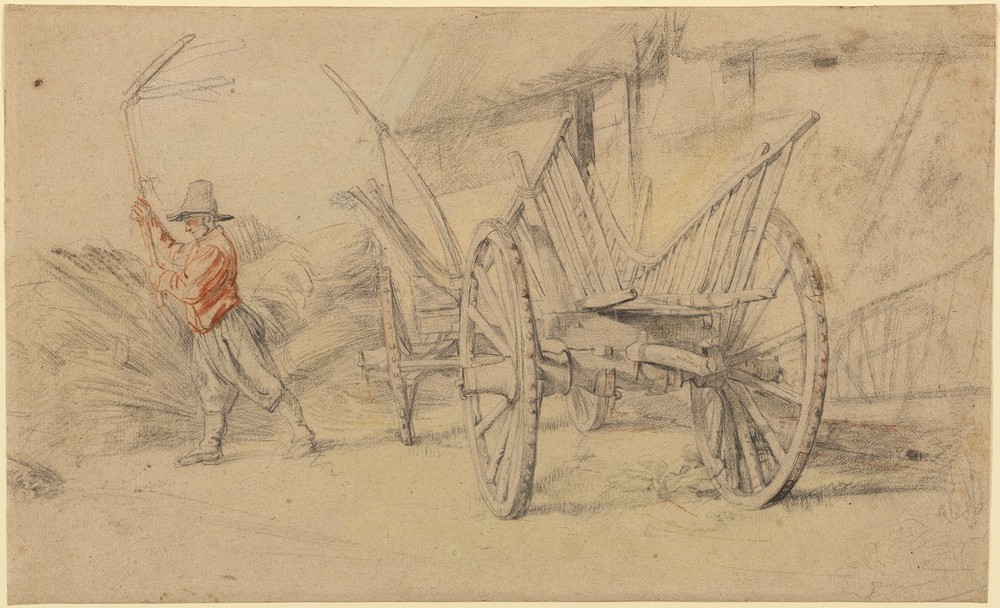 A Man Threshing Beside a Wagon, Farm Buildings Behind