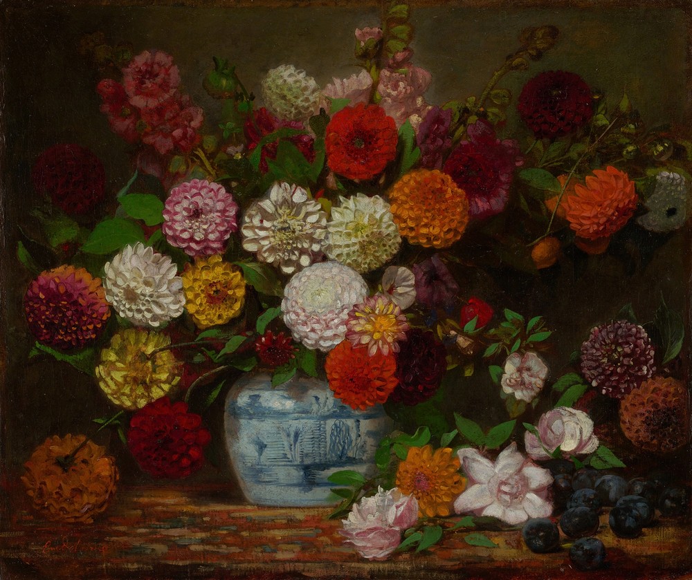 Still Life with Dahlias, Zinnias, Hollyhocks and Plums (c. 1835)