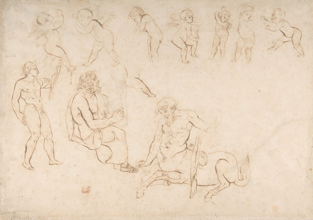 Standing nude athlete; seated man with a lyre; centaur; and seven putti (three with wings)