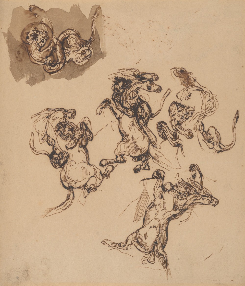 Studies of a Rearing Horse Attacked by a Lion and a Lion Wrestling with a Serpent (1830s)