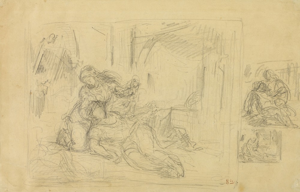 Woman Dying, Man in Bedroom, Two Sketches of Same
