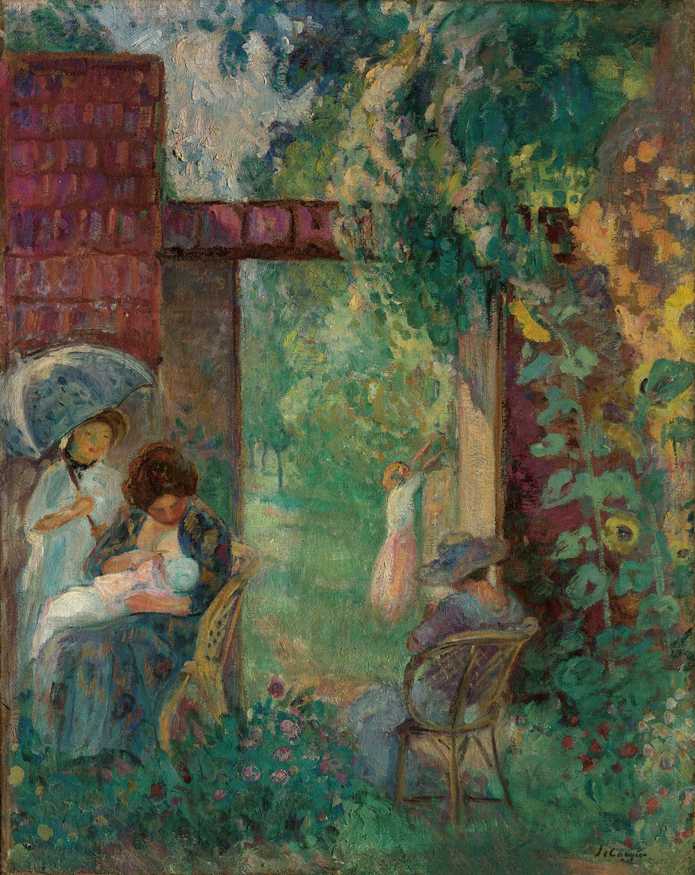 Femmes et enfants dans un jardin en été