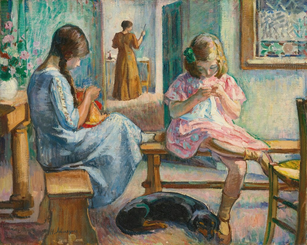 Marthe Et Nono Cousant Dans Un Intérieur (circa 1910)