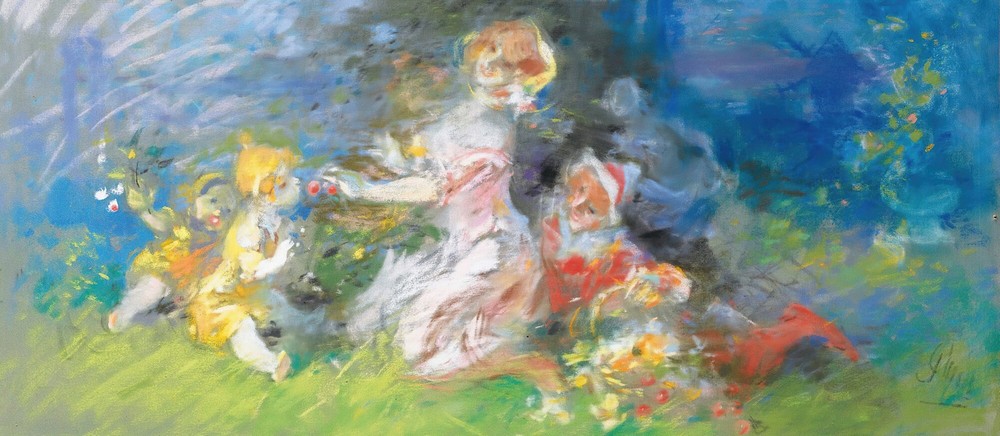 Women and children gathering flowers