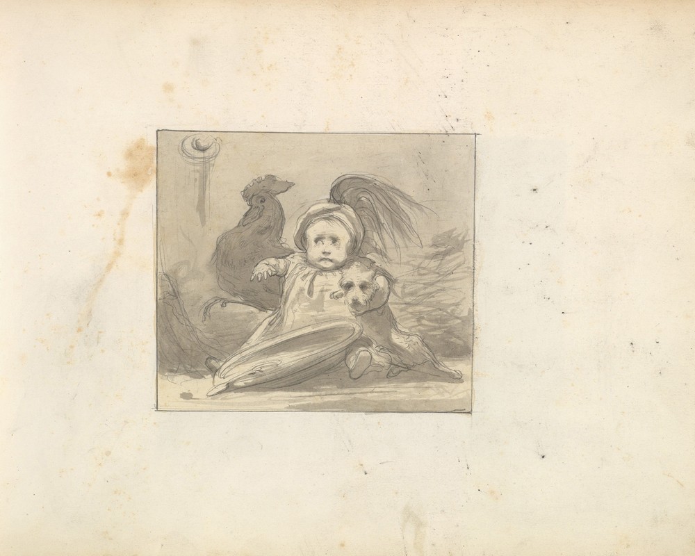A Baby in 16th century Dress with a Rooster and a Dog (ca. 1849)