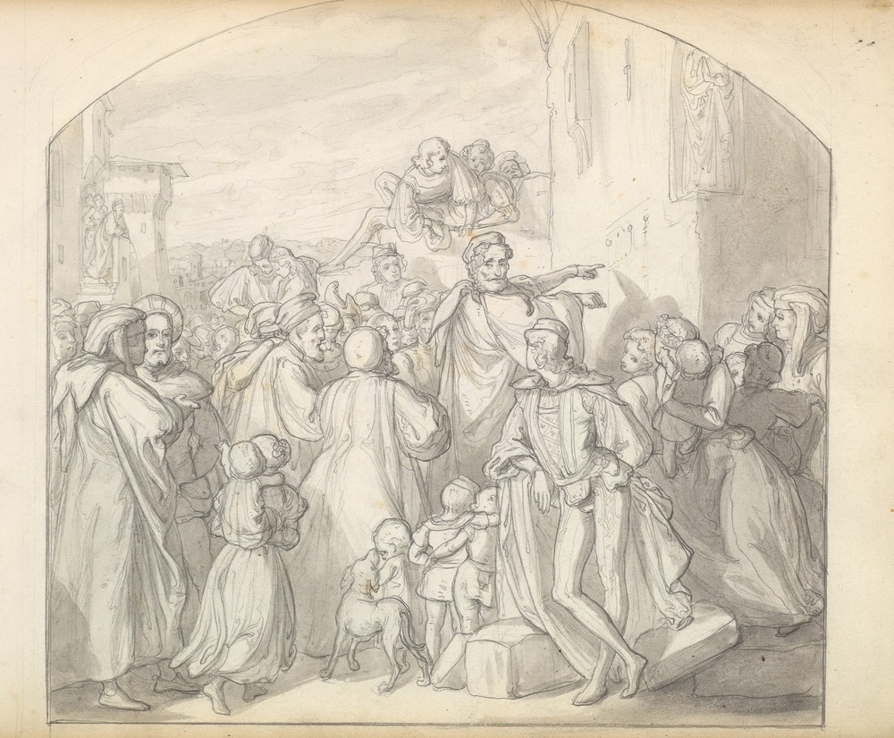 An Artist Drawing on Wall of a Church Watched by a Crowd (ca. 1849)