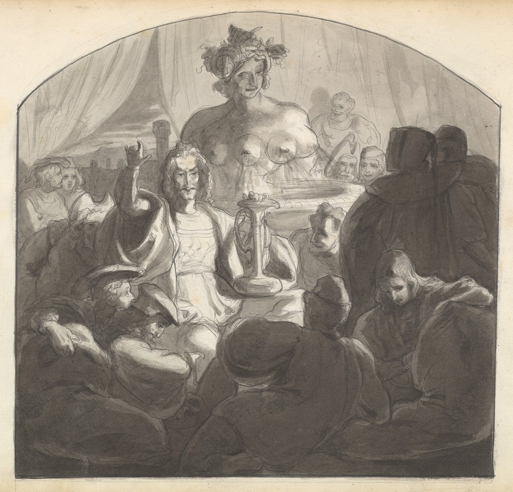 Speaker Addressing Male Figures Gathered at Night Around a Fountain (ca. 1849)